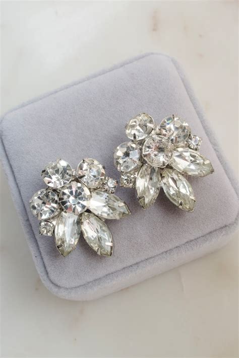 chanel clip earrings flower|round rhinestone clip vintage earrings.